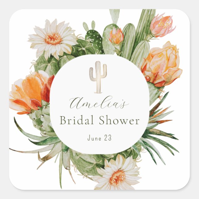 Boho Cactus Bridal Shower Square Sticker (Front)