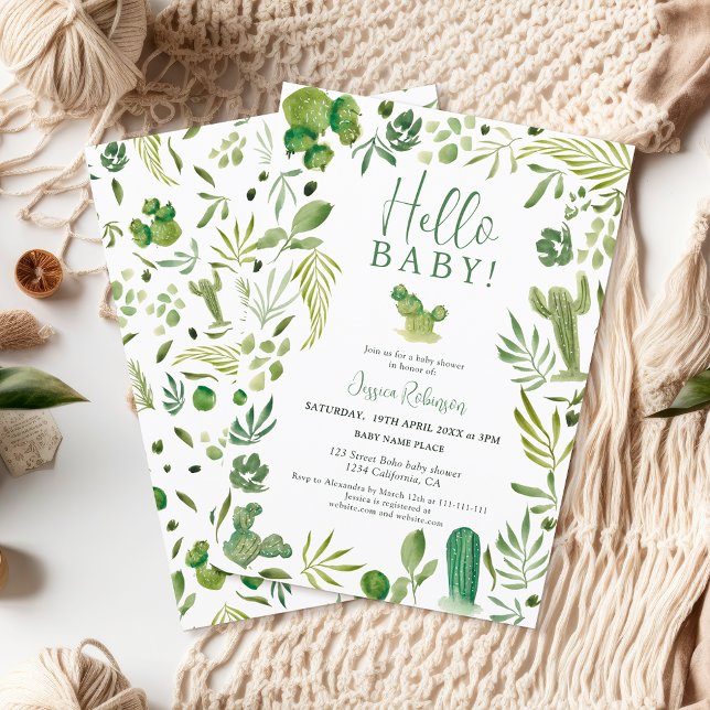 Boho cactus green gender neutral hello baby shower invitation (Boho cactus green gender neutral hello baby shower invitation)