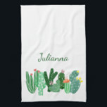 Boho Cactus Painting in Green Personalised Name Tea Towel<br><div class="desc">This stylish kitchen towel features a simple,  modern,  and cute painting of a row of desert cacti in green with pretty pink flower blooms in a boho whimsical style. Personalise it with your name. Great gift idea!</div>