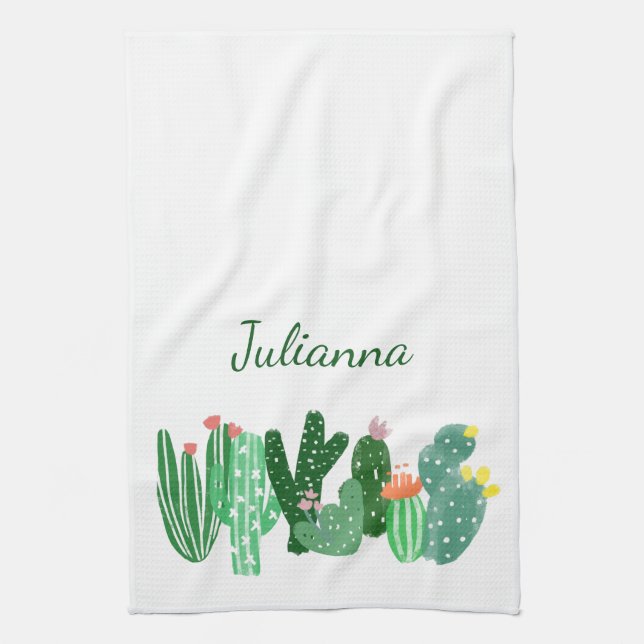 Boho Cactus Painting in Green Personalised Name Tea Towel (Vertical)