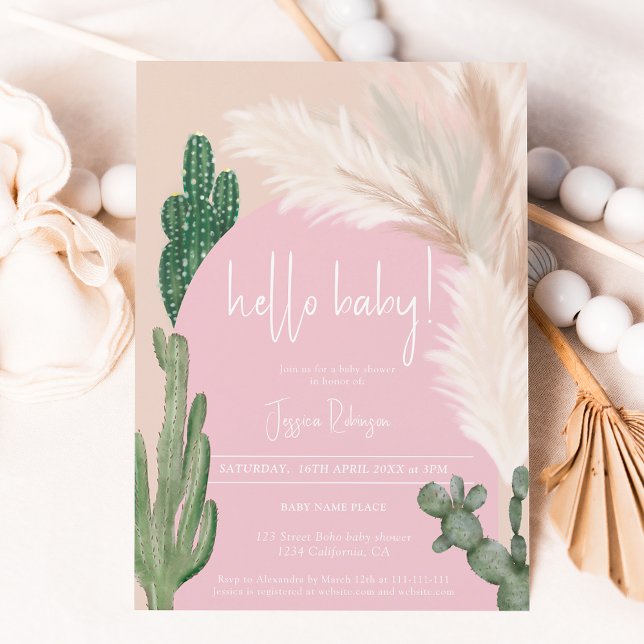 Boho cactus pampas arch girl hello baby shower invitation (Creator Uploaded)