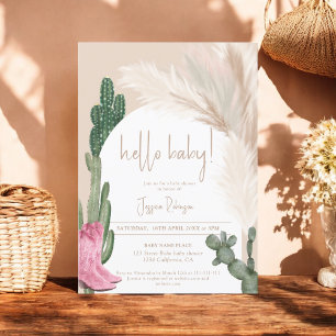 Boho cactus pampas arch hello baby shower invitation