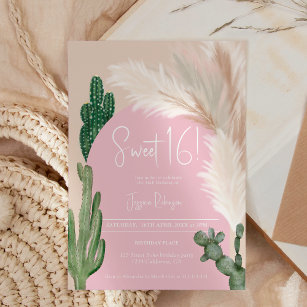 Boho cactus pampas arch pink earth tone Sweet 16 Invitation