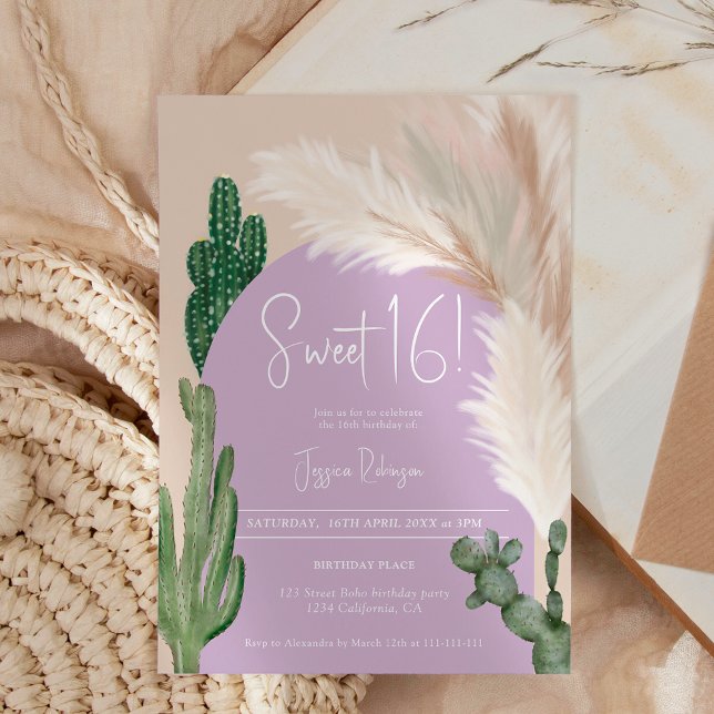 Boho cactus pampas arch purple earth tone Sweet 16 Invitation (Boho cactus pampas arch purple earth tone Sweet 16 Invitation)