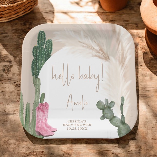 Boho cactus pampas cowboy boots hello baby shower paper plate (Boho cactus pampas cowboy boots hello baby shower paper plates)