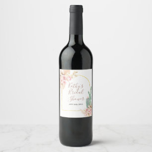 Boho Cactus Pink Floral Wine Bottle Label