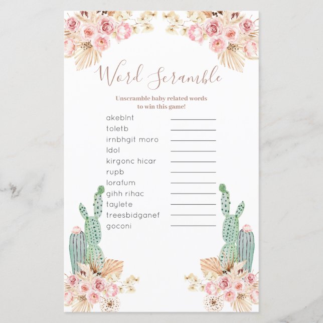 Boho Cactus Pink Floral Word Scramble Game (Front)