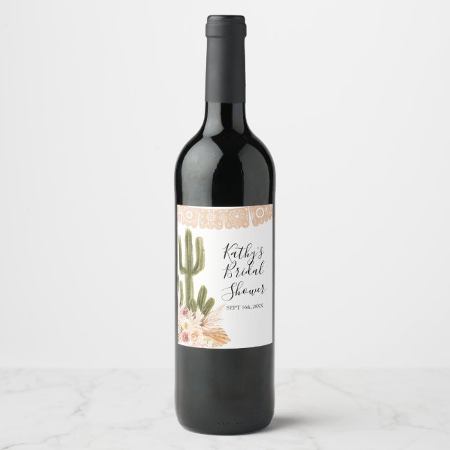 Boho Cactus Taco Bout Love Wine Bottle Label (Front)