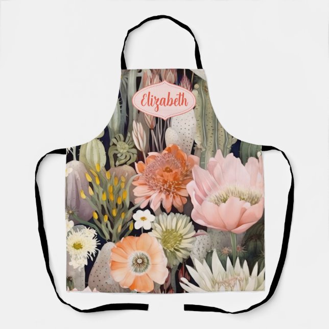Boho Cactus Watercolor Blush Pink, Peach, Greens Apron (Front)