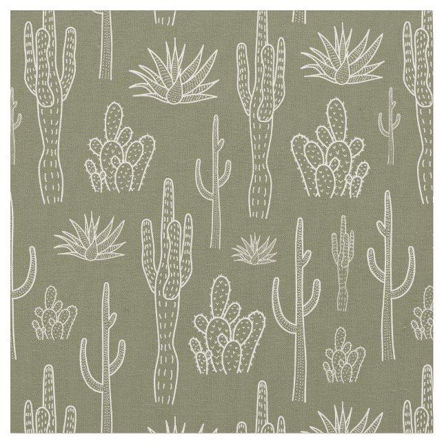 Boho Cactus Western Southern Neutral Moss Green Fabric (Close Up)