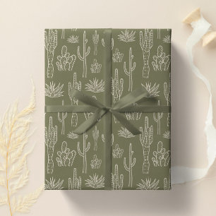 Boho Cactus Western Southern Neutral Moss Green Wrapping Paper