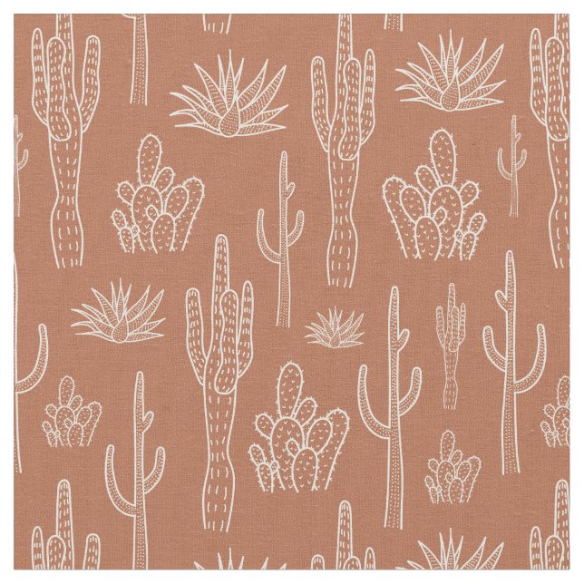 Boho Cactus Western Southern Warm Neutral Clay Fabric (Close Up)