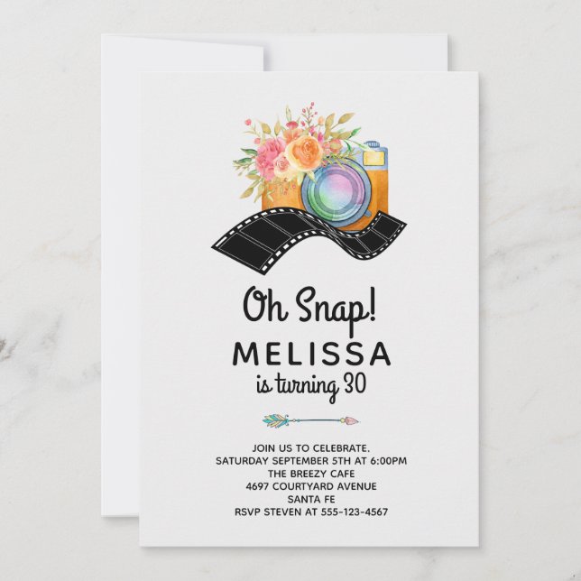 Boho Camera & Florals Watercolor Birthday Invitation (Front)
