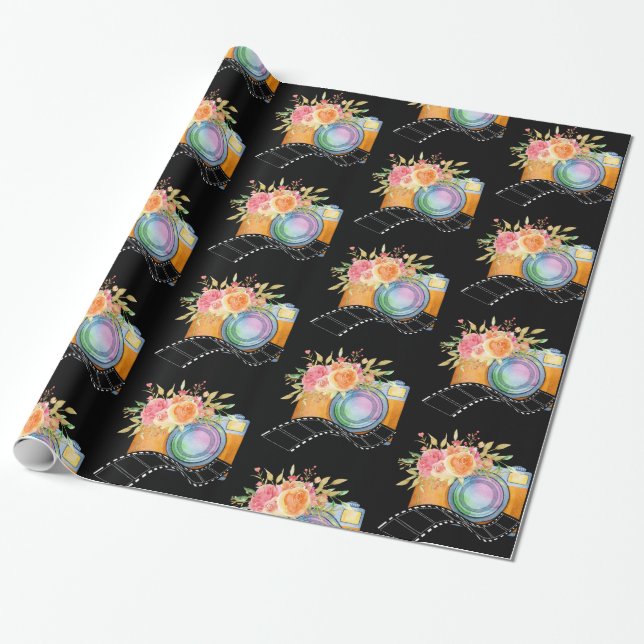 Boho Camera & Florals Watercolor Pattern Wrapping Paper (Unrolled)