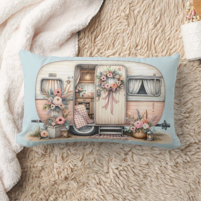 Boho Camper with Floral Wreath & Pastels Pink Lumbar Cushion (Blanket)