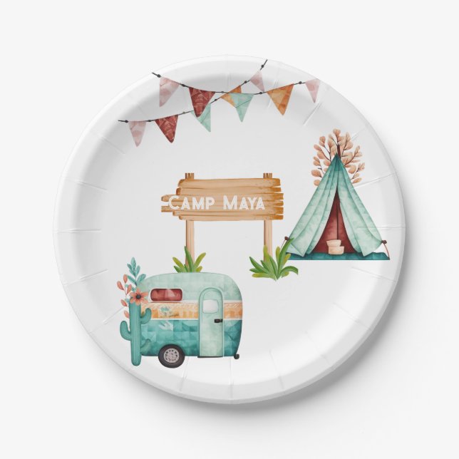 Boho camping birthday party Paper Plate (Front)