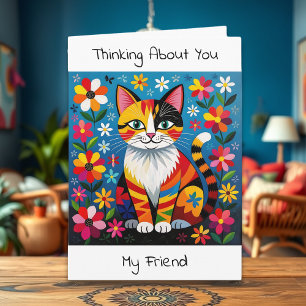 Boho Cat, Flowers & Butterfly Thinking of You Card