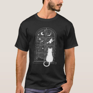 Boho Cat In the Window Funny Cat Halloween Witch M T-Shirt