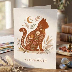 Boho Cat Lover Floral Celestial Notecard