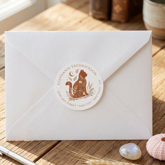 Boho Cat Lover New Home Floral Celestial Art Classic Round Sticker (Boho cat lover return address label)