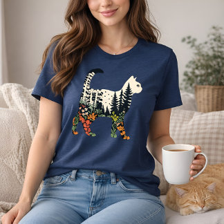 Boho Cat Plants Floral Nature Tee for Cat Lovers