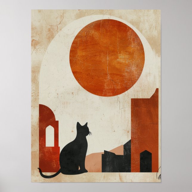 Boho Cat Silhouette | Abstract Sun Minimalist Deco Poster (Front)