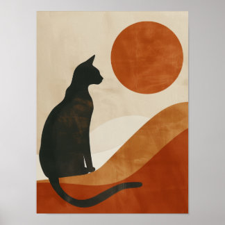 Boho Cat Silhouette | Sunset Abstract Minimalist Poster