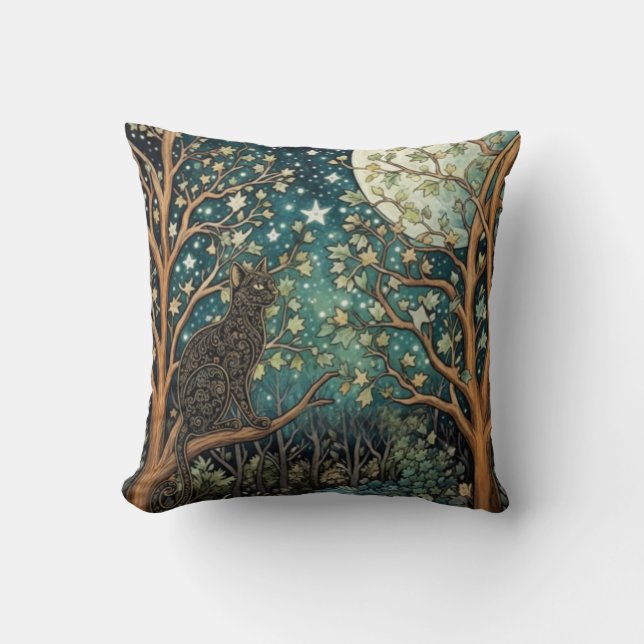 Boho cat starry night sky woodland forest cushion (Front)