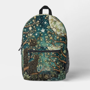 Boho cat starry night sky woodland forest printed backpack