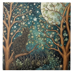 Boho cat starry night sky woodland forest tile