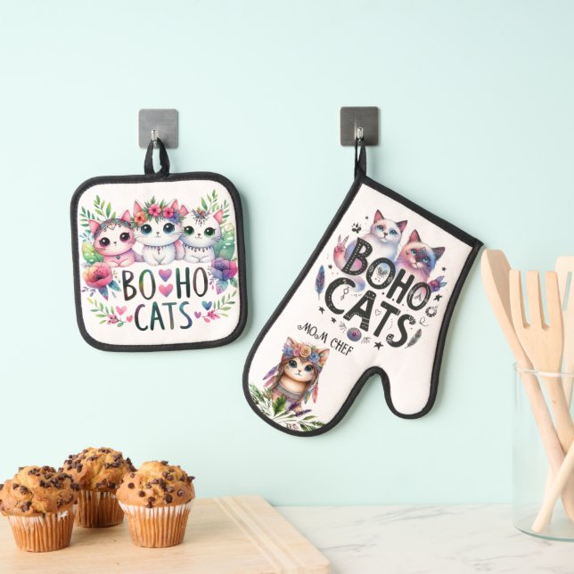BOHO Cats Retirement Mum Grandma Wife Custom  Oven Mitt & Pot Holder Set (Insitu(Hanging))