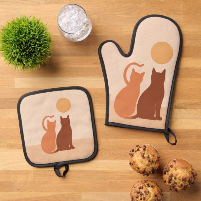 Boho Cats Sunset Desert Oven Mitt & Pot Holder Set (Top Down)