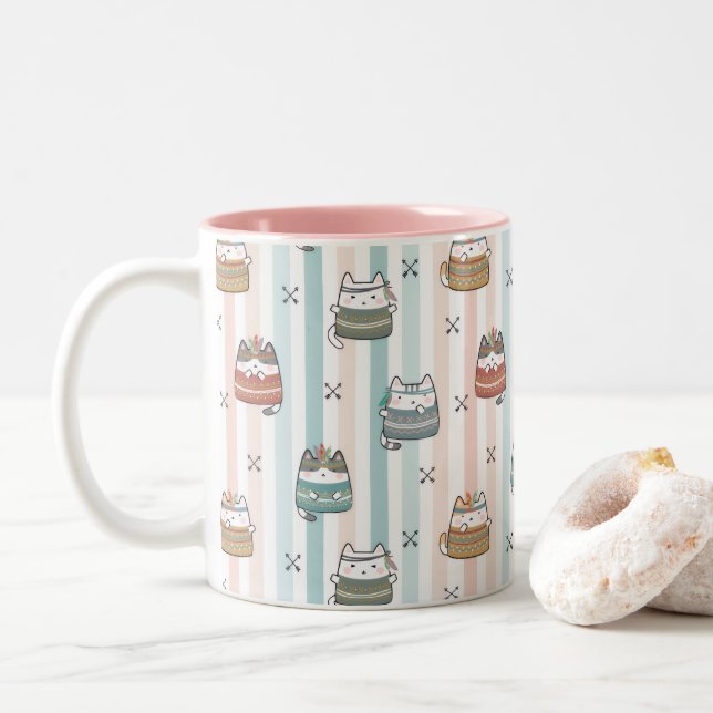  Boho Cats Tribal Pattern  Two-Tone Coffee Mug (With Donut)