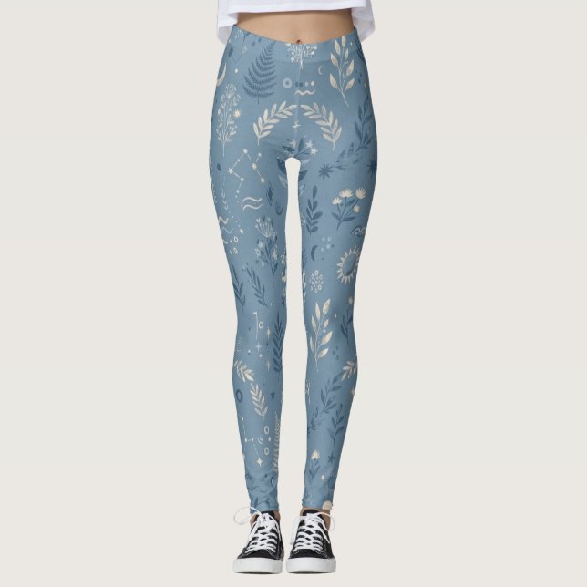 Boho Celestial Botanical Dusty Blue Activewear Leggings (Front)