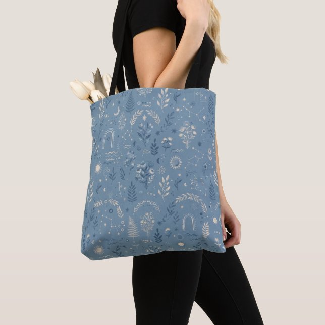 Boho Celestial Botanical Dusty Blue Canvas Accesso Tote Bag (Close Up)
