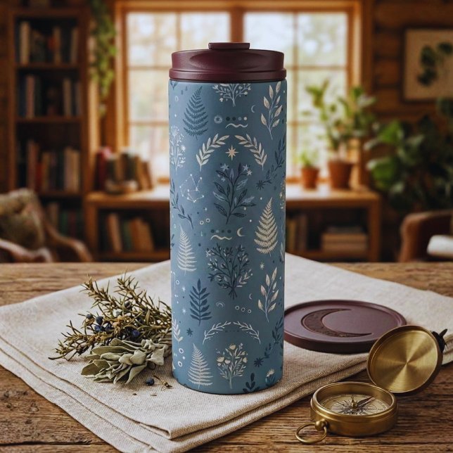 Boho Celestial Botanical Dusty Blue Drinkware Thermal Tumbler (Trendy whimsical celestial travel mug. Insulated stainless steel tumbler for cozy mornings!)