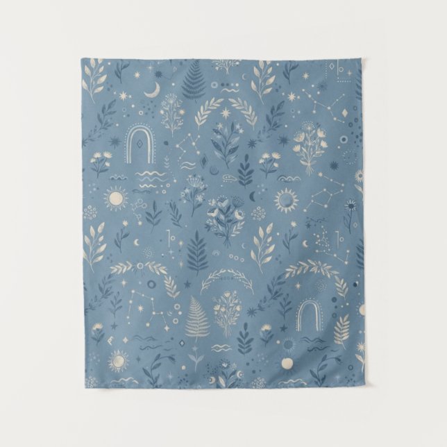 Boho Celestial Botanical Dusty Blue Wall Hanging Tapestry (Front)