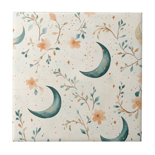 Boho Celestial Floral Moon Pattern (1) Tile (Front)