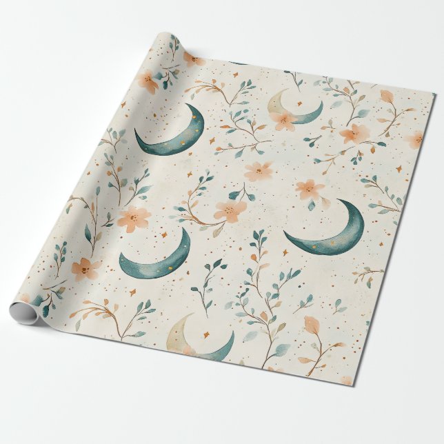 Boho Celestial Floral Moon Pattern (1) Wrapping Paper (Unrolled)