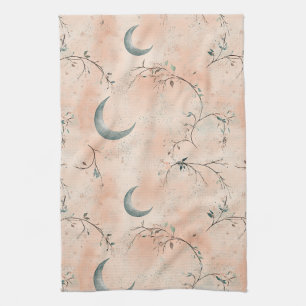 Boho Celestial Floral Moon Pattern (3) Tea Towel
