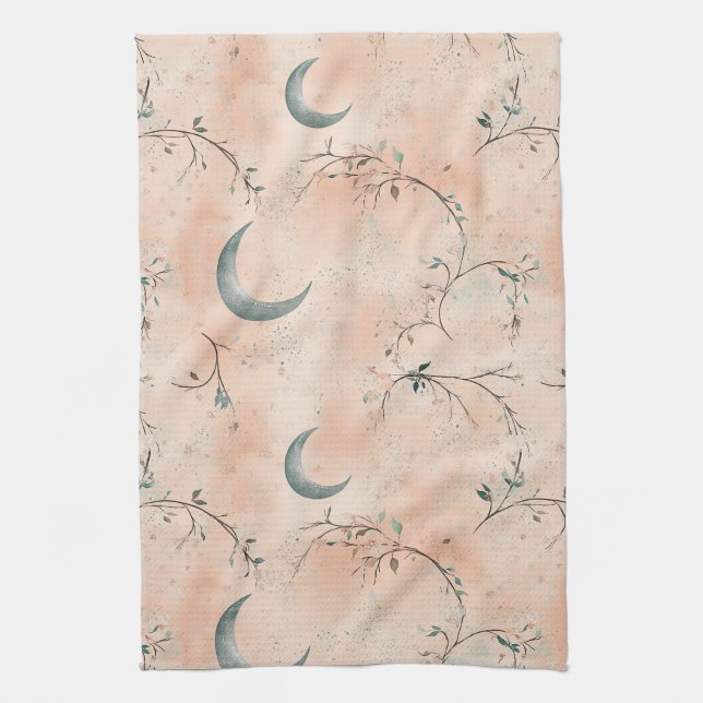 Boho Celestial Floral Moon Pattern (3) Tea Towel (Vertical)