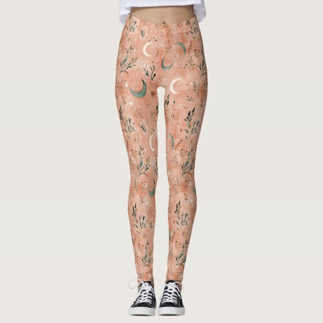 Boho Celestial Floral Moon Pattern (4) Leggings (Front)