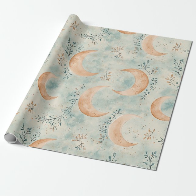 Boho Celestial Floral Moon Pattern (8) Wrapping Paper (Unrolled)