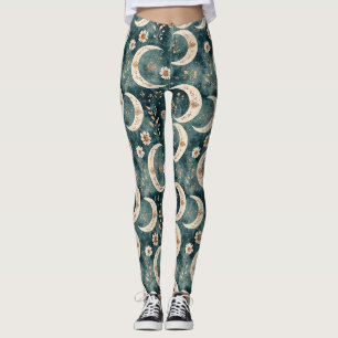 Boho Celestial Floral Moon Pattern (9) Leggings