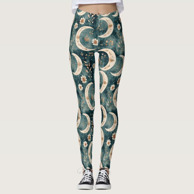Boho Celestial Floral Moon Pattern (9) Leggings (Front)