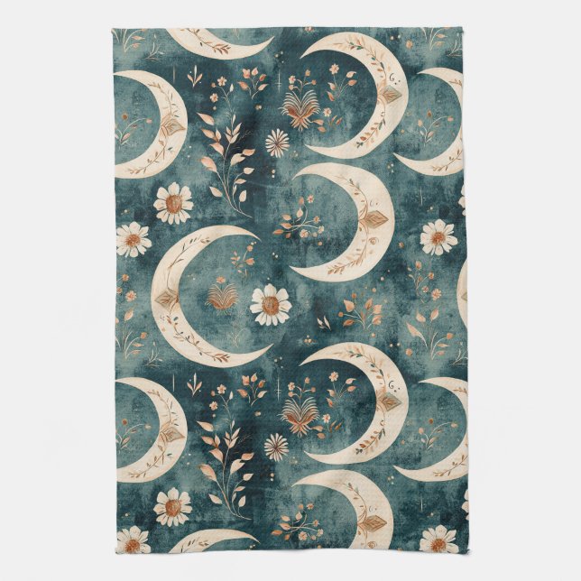 Boho Celestial Floral Moon Pattern (9) Tea Towel (Vertical)