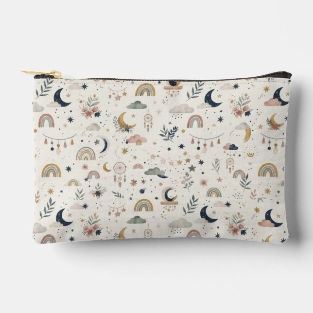 Boho Celestial Makeup Pouch| Neutral Moon and Star Accessory Pouch (Front)