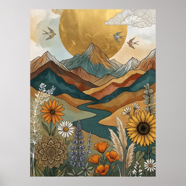 Boho Celestial Mandala River Mountain Sun Poster (Front)