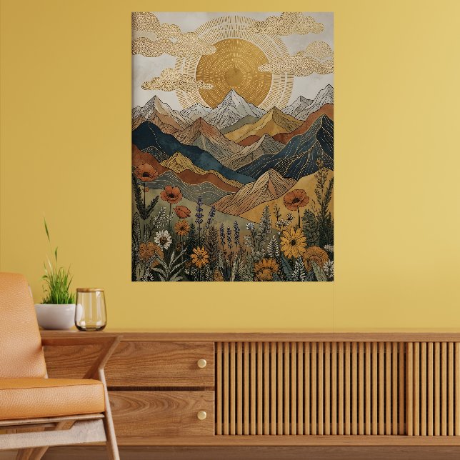 Boho Celestial Mandala Sun Mountain Meadow Poster (Living Room 2)