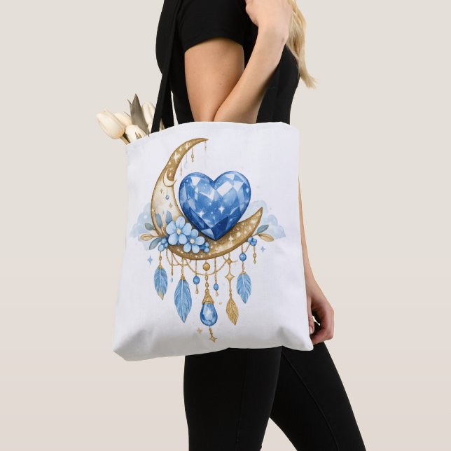Boho Celestial Moon & Crystal Heart Tote Bag – (Close Up)
